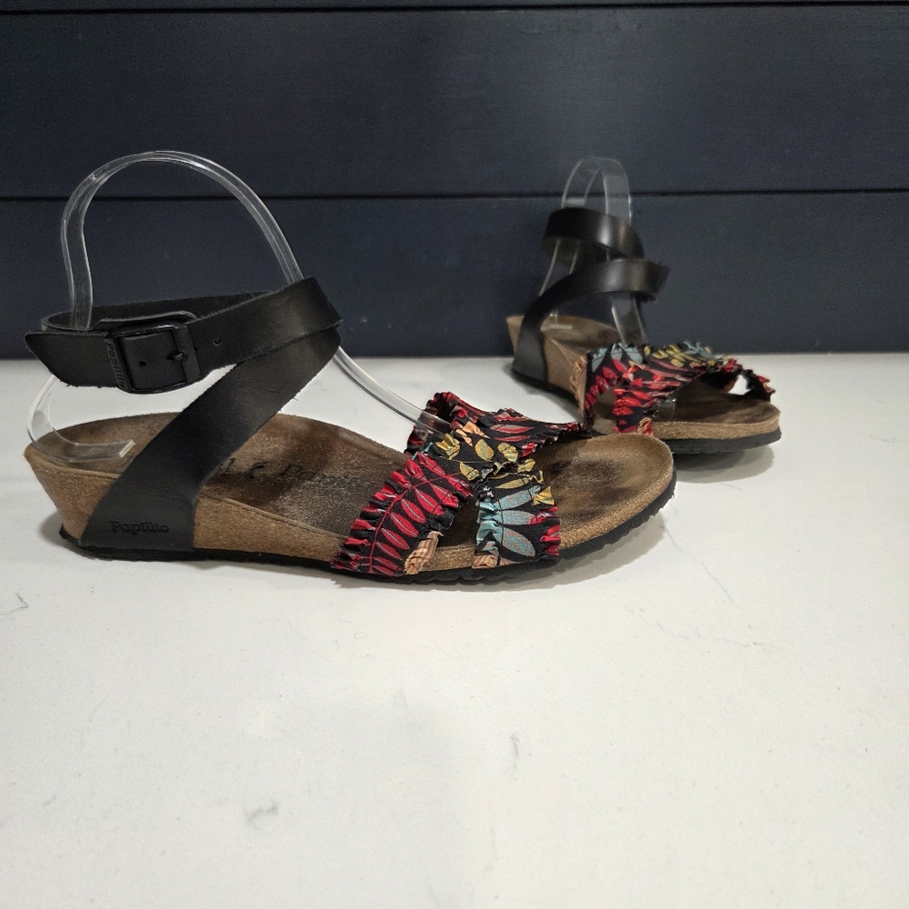 Papillio Lola Black Leather and Multicolor Floral Sandals Size 41